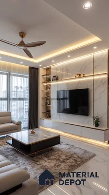 A Serene Retreat: A Modern Living Room with a Marble Feature Wall and Gold Accents | Material Depot