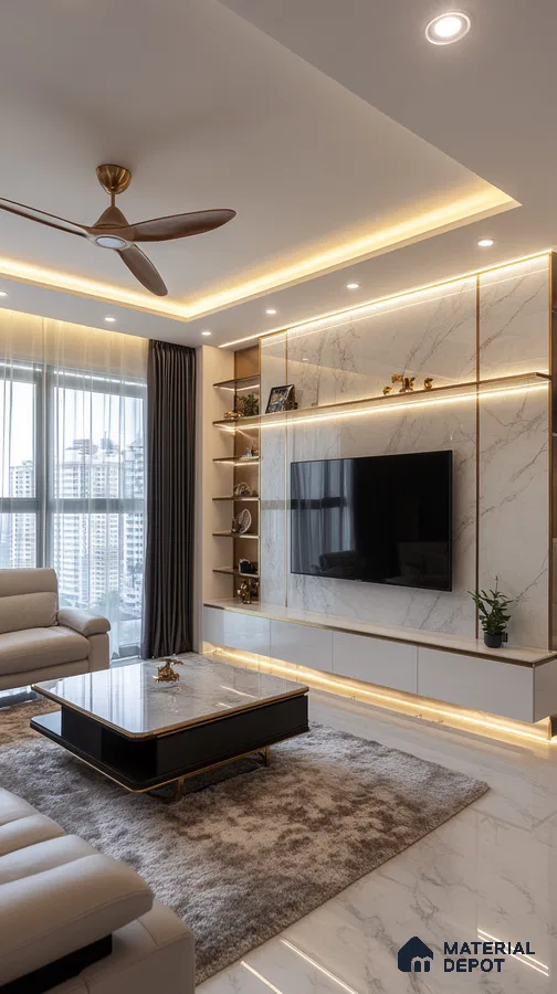 A Serene Retreat: A Modern Living Room with a Marble Feature Wall and Gold Accents | Material Depot