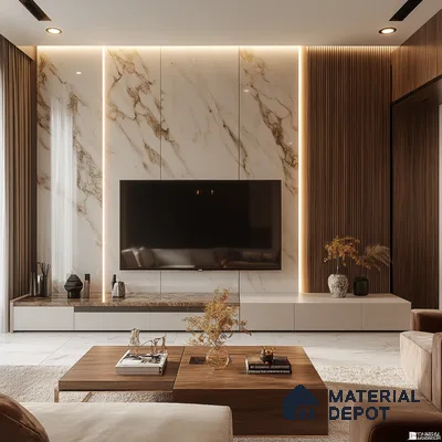 A Serene Retreat: A Modern Living Room with a Marble Feature Wall and Wood Accents | Material Depot