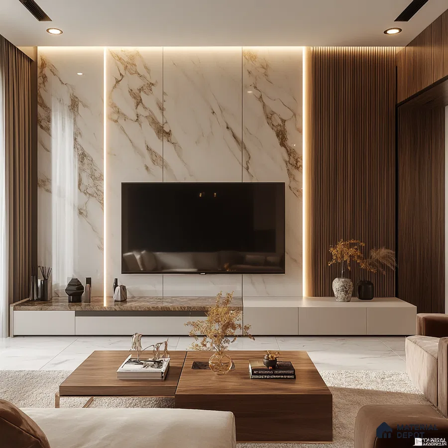 A Serene Retreat: A Modern Living Room with a Marble Feature Wall and Wood Accents | Material Depot