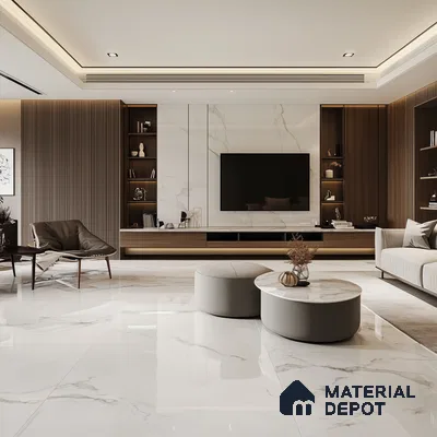 A Serene Retreat: A Modern Living Room with Marble Flooring and Wood Accents | Material Depot