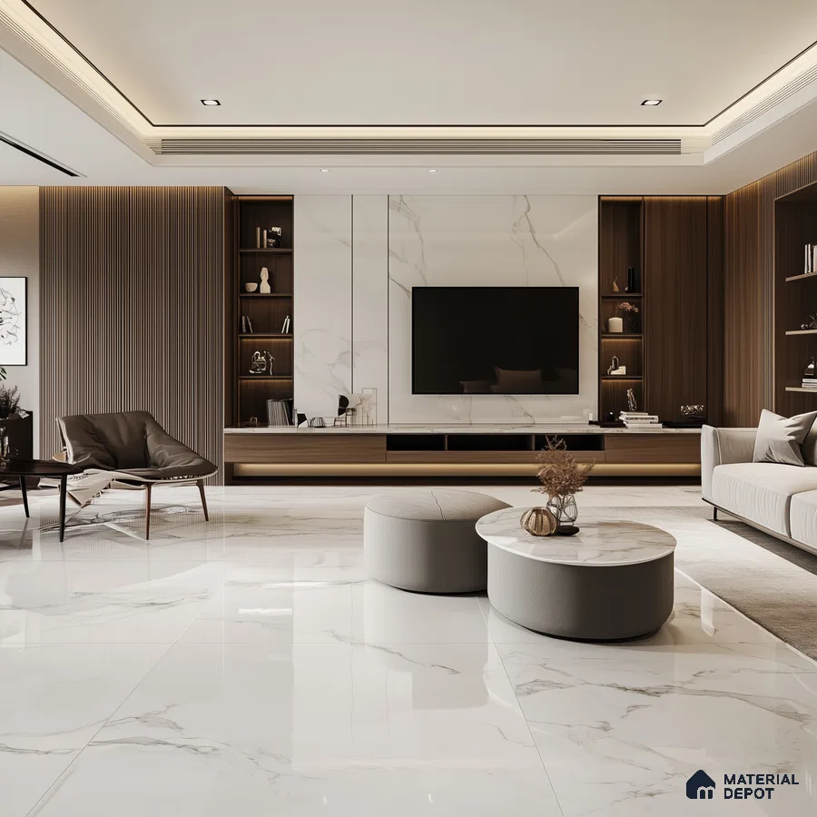 A Serene Retreat: A Modern Living Room with Marble Flooring and Wood Accents | Material Depot