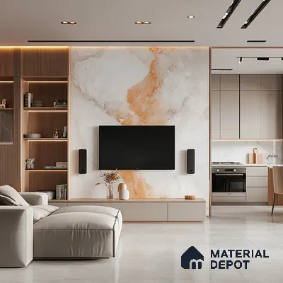 A Serene Retreat: A Modern Open-Concept Living Space with a Marble Feature Wall | Material Depot