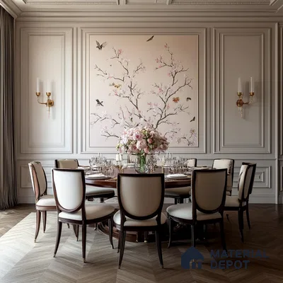 A Timeless Elegance: A Classic Dining Room with Floral Accents and Wood Paneling | Material Depot