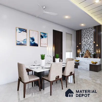 white marble dining area wih elegant area in dining hall