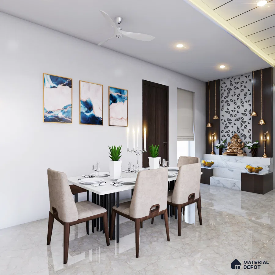 white marble dining area wih elegant area in dining hall
