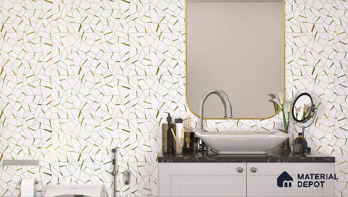 Contemporary bathroom with abstract cracked glass highlighter tiles.