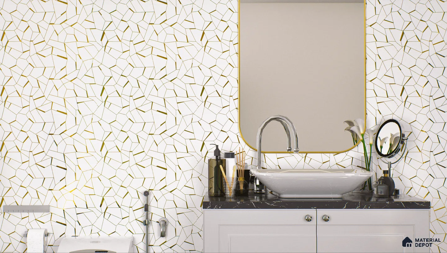 Contemporary bathroom with abstract cracked glass highlighter tiles.