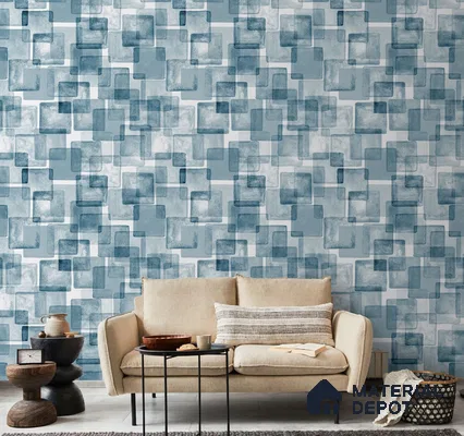 A close-up of a Blue and White Abstract Square Blocks Wallpaper 19.6 Inches(W) x 420 Inches(H) Atarangi Series Abstract Patterned - 57 Sq. Ft. with a finish available at Material Depot in Bangalore