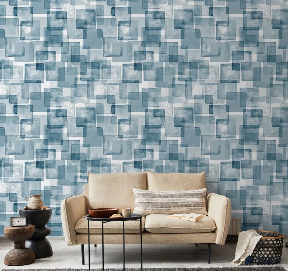 A close-up of a Blue and White Abstract Square Blocks Wallpaper 19.6 Inches(W) x 420 Inches(H) Atarangi Series Abstract Patterned - 57 Sq. Ft. with a finish available at Material Depot in Bangalore