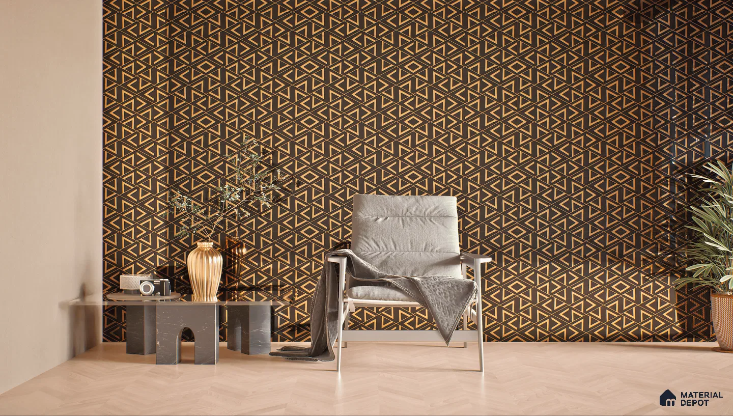 A living room with a geometric wallpaper accent wall and a chair in front of it. The geometric design incorporates glass highlighter tiles that create a shimmering effect.