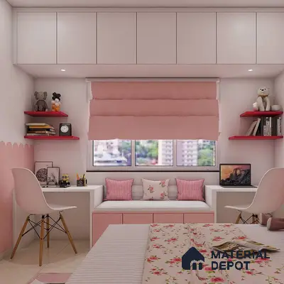 Charming pink kid's bedroom with loft.