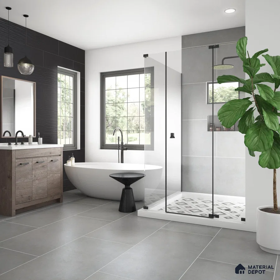 Bathroom with grey and white tiles and wooden laminate