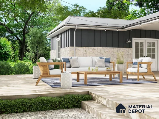 Outdoor space with wooden flooring and patterned stone tiles