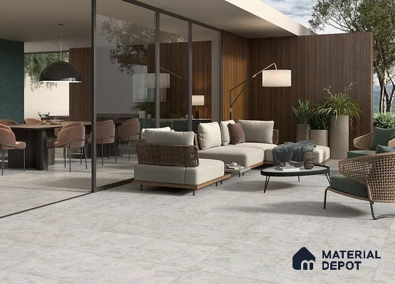 Outdoor space with marble floor and brown louver walls