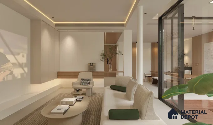 a bathroom with a large tub in the middle of the room and two windows overlooking the city at night time area, next to a window filled with lots of the city at night time area, along with lights