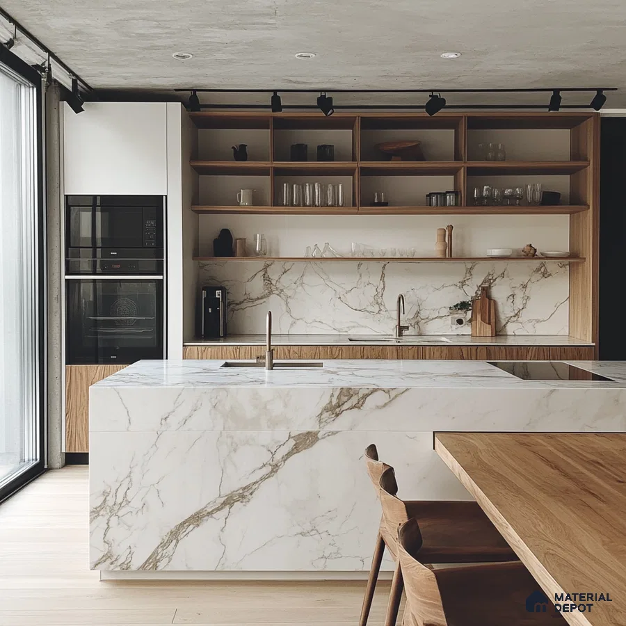 Airy and Bright Open-Plan Kitchen with Marble Waterfall Island | Material Depot