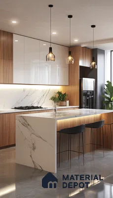 Airy Elegance: Bright and Wood Accented Kitchen with Modern Lighting and Spacious Design | Material Depot
