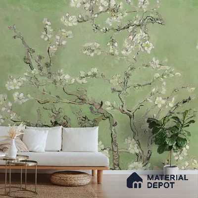 A close-up of a Vincent Van Gough Almond Blossom Wallpaper, Green Indrani Series Soft Feel Tropical Design (Customised Size Wallpaper )available at Material Depot in Bangalore