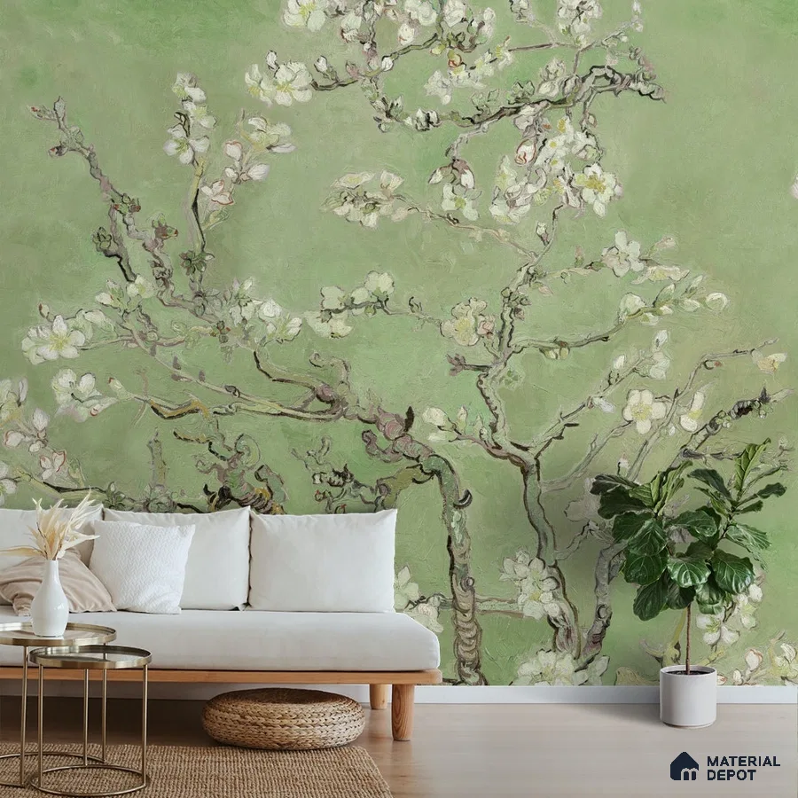 A close-up of a Vincent Van Gough Almond Blossom Wallpaper, Green Indrani Series Soft Feel Tropical Design (Customised Size Wallpaper )available at Material Depot in Bangalore