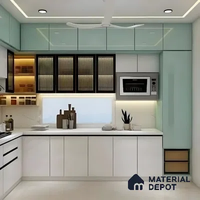Aqua And White Modular Kitchen With Backlit Fluted Glass Cabinets | Material Depot