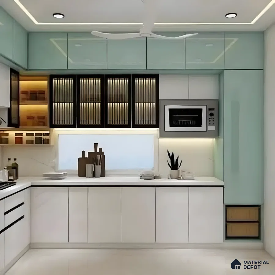 Aqua And White Modular Kitchen With Backlit Fluted Glass Cabinets | Material Depot