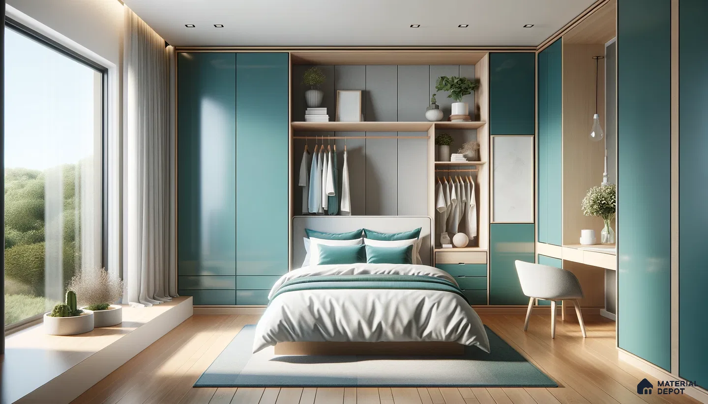 Aqua Serenity: Modern Bedroom Blends Soft Tones with Natural Light | Material Depot