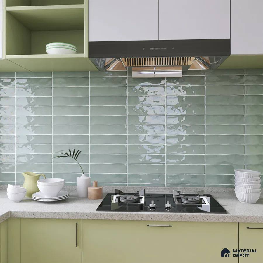 Aquatic Serenity Light Green Reflective Tiles in Kitchen Retreat | Material Depot