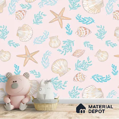 A close-up of a Aquatic Theme Wallpaper with Sea Shells and Starfish 19.6 Inches(W) x 420 Inches(H) Atarangi Series Patterned Patterned - 57 Sq. Ft. with a finish available at Material Depot in Bangalore