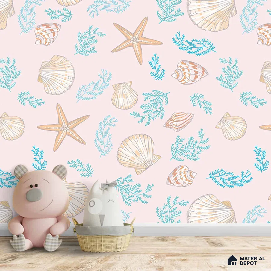 A close-up of a Aquatic Theme Wallpaper with Sea Shells and Starfish 19.6 Inches(W) x 420 Inches(H) Atarangi Series Patterned Patterned - 57 Sq. Ft. with a finish available at Material Depot in Bangalore