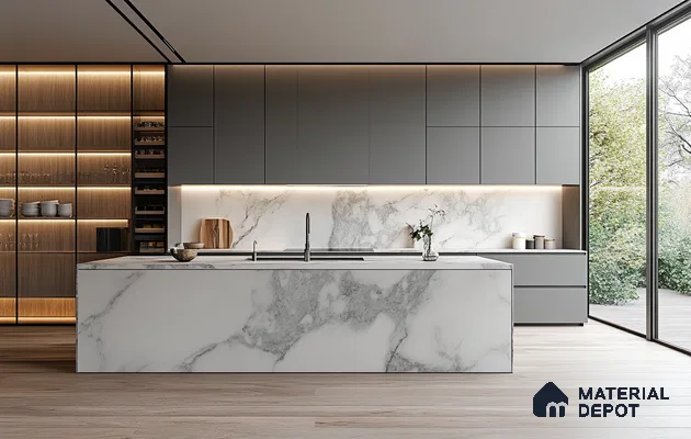 Architectural Splendor: Spacious Kitchen with Elegant Wood and Marble Features | Material Depot