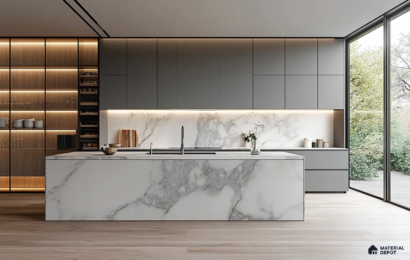 Architectural Splendor: Spacious Kitchen with Elegant Wood and Marble Features | Material Depot