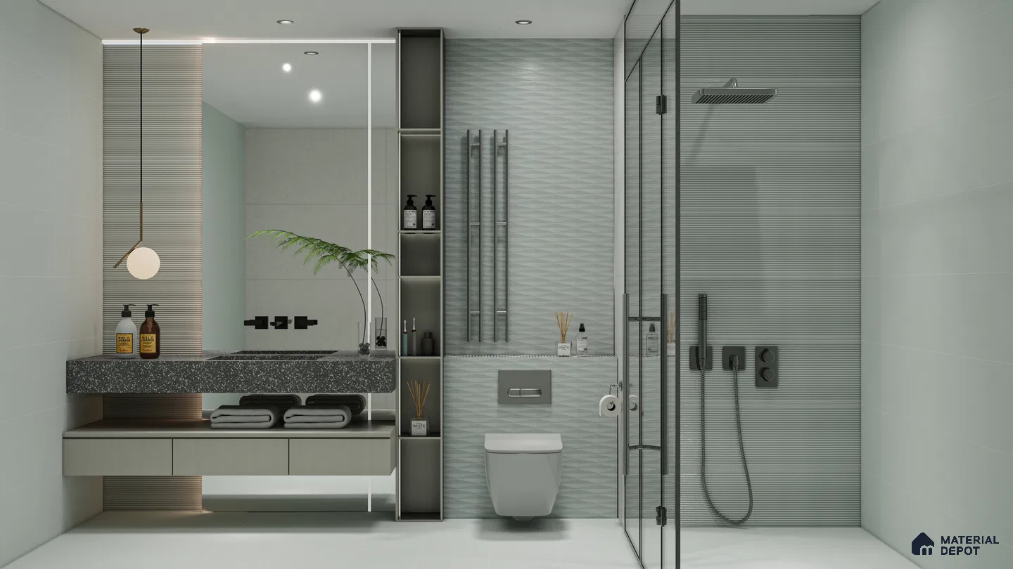 Arctic White Textured Tiles in a Minimalist Bathroom | Material Depot