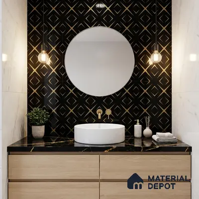 Art Deco bathroom with black and gold geometric wall tiles, black marble countertop, and light oak vanity