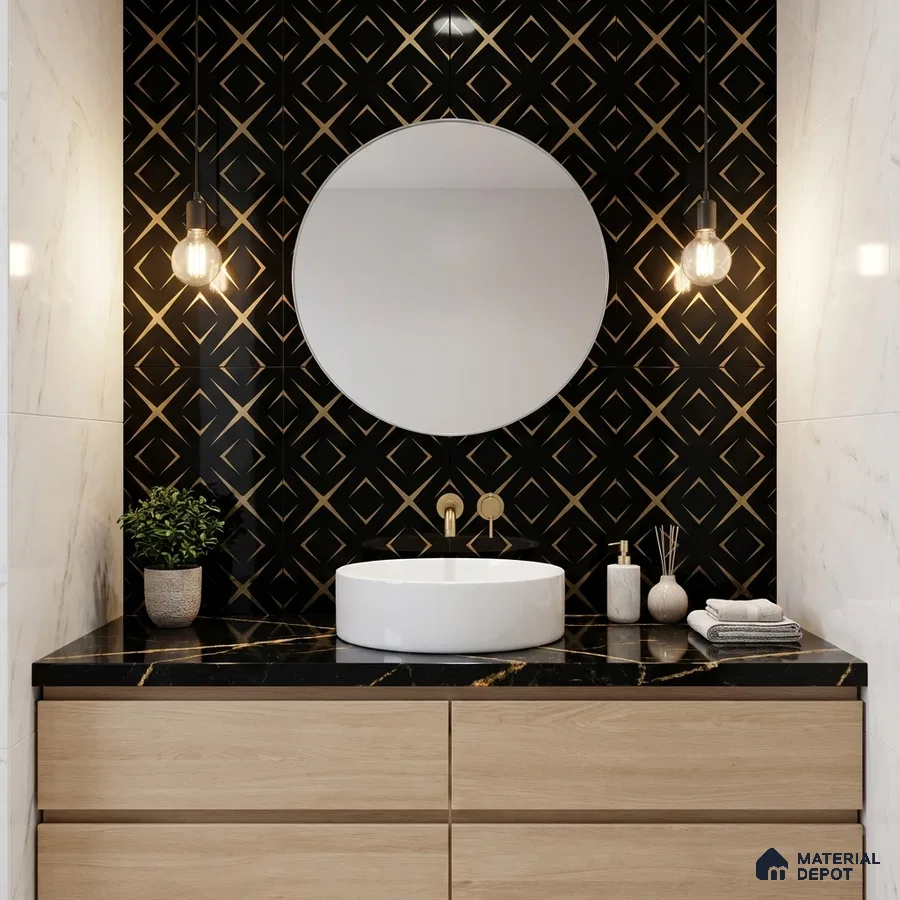 Art Deco bathroom with black and gold geometric wall tiles, black marble countertop, and light oak vanity