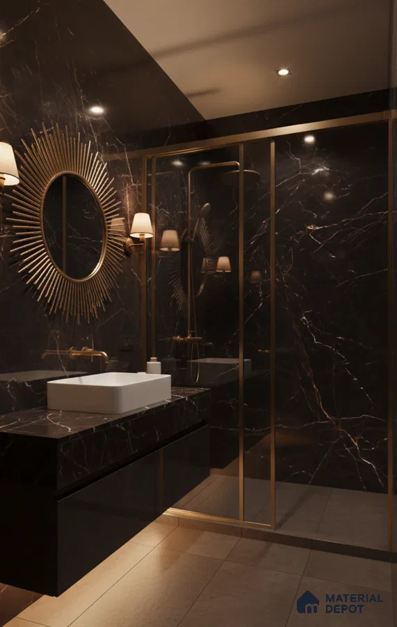 Art Deco bathroom with black marble wall tiles, gold accents, and floating vanity | Material Depot