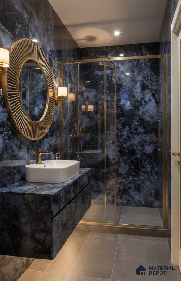 Art Deco bathroom with blue-black marble look tiles, gold accents, and floating vanity | Material Depot
