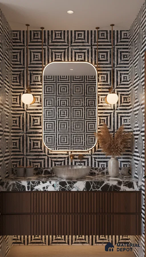 Art Deco bathroom with geometric black-and-white wall tiles, marble countertop, and fluted wood vanity | Material Depot