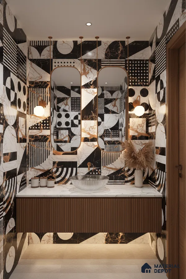 Art Deco bathroom with geometric marble-look tiles and fluted wood vanity | Material Depot
