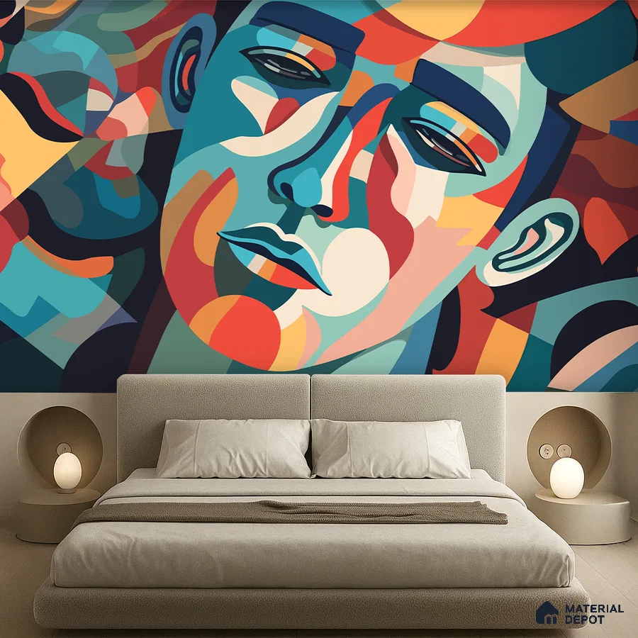 Art Deco bedroom with abstract geometric mural wallpaper and beige upholstered bed in Bengaluru