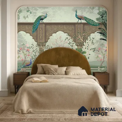 Art Deco bedroom with chinoiserie peacock wallpaper and suede upholstered bed in Bengaluru