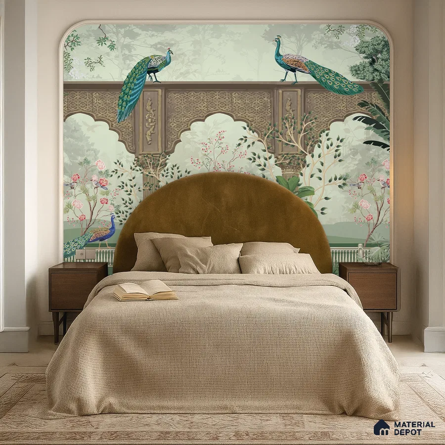 Art Deco bedroom with chinoiserie peacock wallpaper and suede upholstered bed in Bengaluru