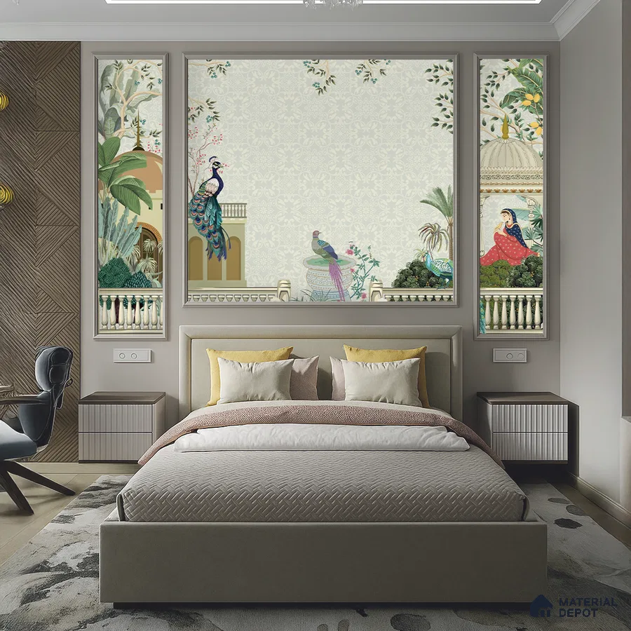 Art Deco bedroom with chinoiserie wallpaper, chevron wood panel, and upholstered bed in Bengaluru