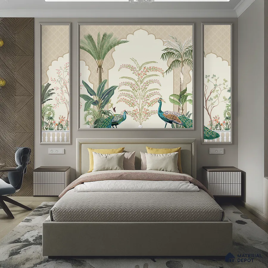 Art Deco bedroom with chinoiserie wallpaper, suede upholstered bed, and wooden chevron wall panels in Bengaluru