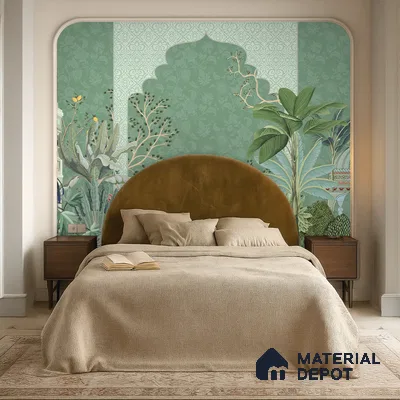 Art Deco bedroom with green chinoiserie wallpaper and velvet upholstered bed in Bengaluru