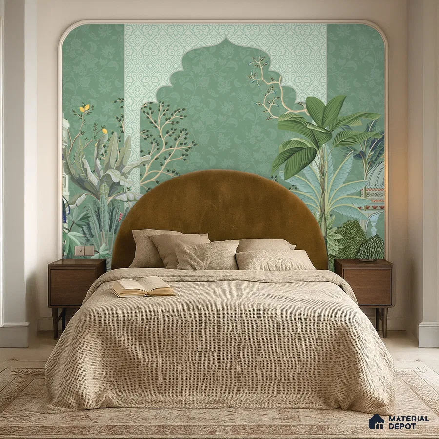 Art Deco bedroom with green chinoiserie wallpaper and velvet upholstered bed in Bengaluru