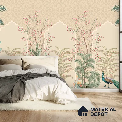 Art Deco bedroom with Indian floral wallpaper and light oak wooden flooring in Bengaluru