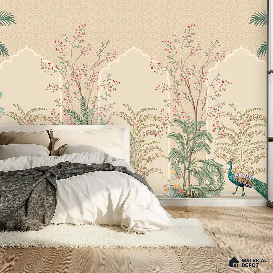 Art Deco bedroom with Indian floral wallpaper and light oak wooden flooring in Bengaluru