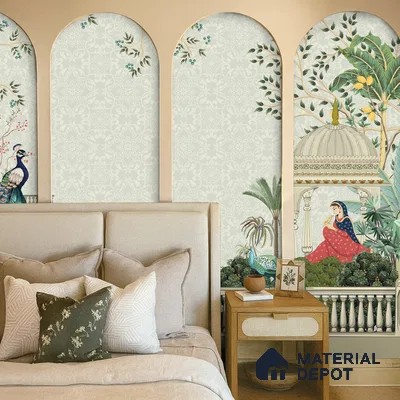Art Deco bedroom with Indian mural wallpaper and beige upholstered bed in Bengaluru