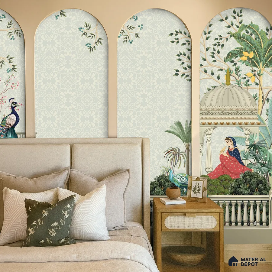 Art Deco bedroom with Indian mural wallpaper and beige upholstered bed in Bengaluru